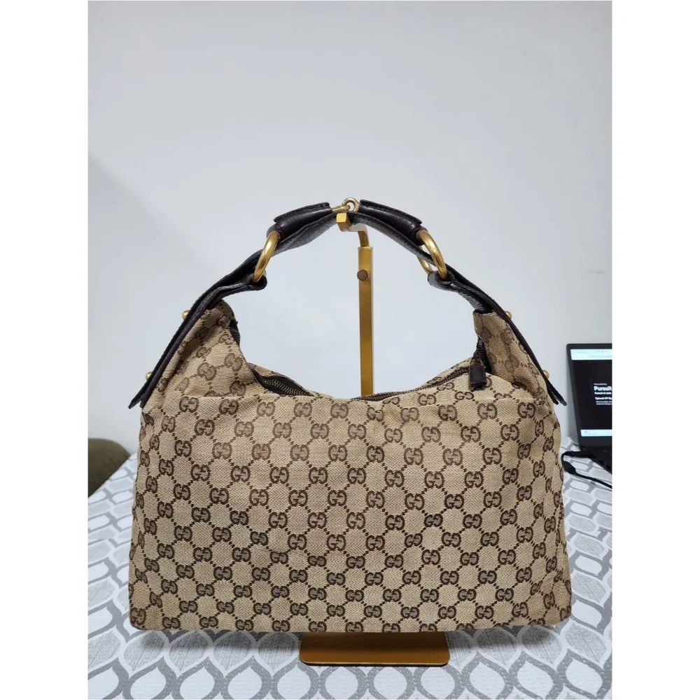 Gucci Beige/Ebony GG Canvas Medium Horsebit Hobo Bag